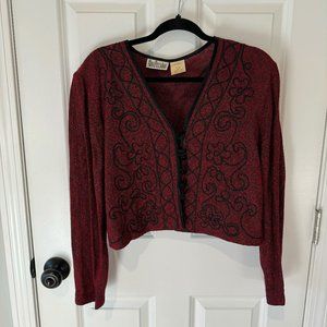Vintage Red and Black Floral Pattern Button Cardigan - Size 14